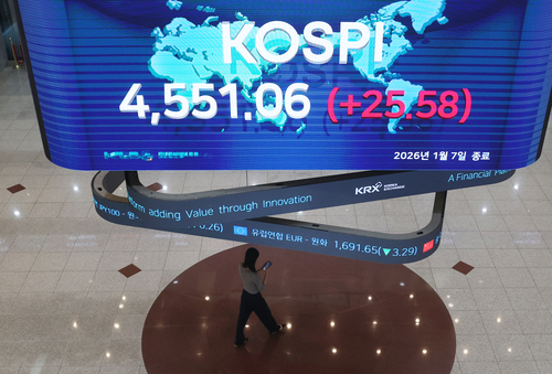 7일 여의도 한국거래소에 코스피 종가가 표시돼 있다.      이날 코스피는 전 거래일보다 오른 4551.06에 장을 마쳤다. (사진=연합뉴스)