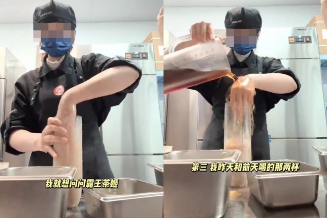 중국의 유명 음료 프랜차이즈의 한 직원이 맨손으로 음료를 만드는 장면을 직접 촬영해 현지에서 논란이 됐다. 사진=웨이보 캡처