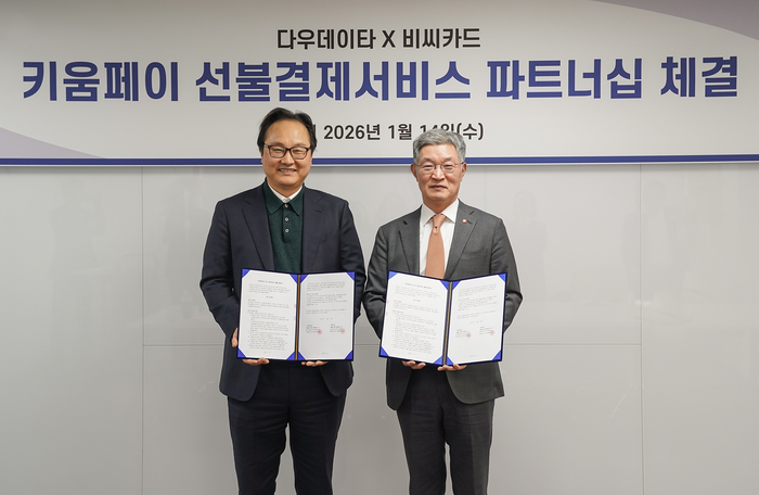다우데이타가 지난 14일 오후 서울 마포구 소재 다우데이타 본사에서 BC카드와 함께 파트너십 계약을 체결했다.  왼쪽부터 다우데이타 김상준 사장과 BC카드 최원석 사장