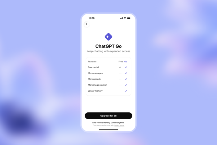 오픈AI 저가형 구독 요금제 '챗GPT Go' 예시. ⓒ오픈AI