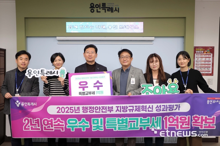 용인시가 행정안전부가 주관한 '지방규제혁신 성과평가'에서 우수 기관으로 선정됐다. 사진은 이상일 시장(왼쪽 세 번째)이 직원들과 기념 촬영했다.