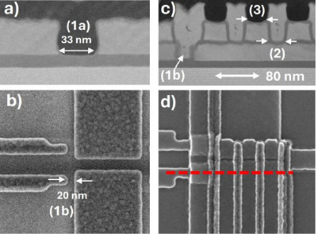 극자외선(EUV) 리소그래피로 패터닝한 양자점 게이트 구조를 전자현미경으로 관찰한 모습이다. 미세한 게이트 패턴과 층간 정렬 상태가 시각적으로 드러난다.