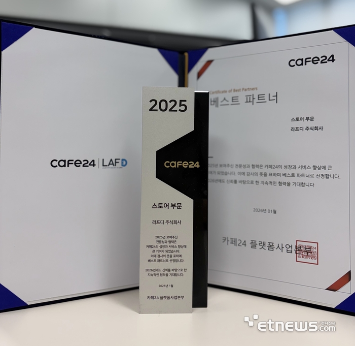 2025  카페24 베스트파트너 트로피와 상장.