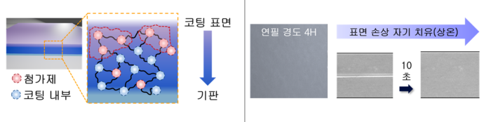 코팅 구조 모식도 및 자기 치유 결과