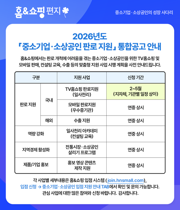 홈앤쇼핑, 2026년 중·소상공인 판로지원 확대