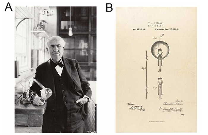 백열전구 시제품을 들고 있는 에디슨(A)과 특허 문서(B) / (A) The U.S.National Park Service via WikimediaCommons, ref 211919. (B) Thomas Edison's patent provided by the National Archives 1880.