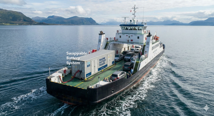 교체식 배터리 시스템으로 운항하는 연안선박 개념도