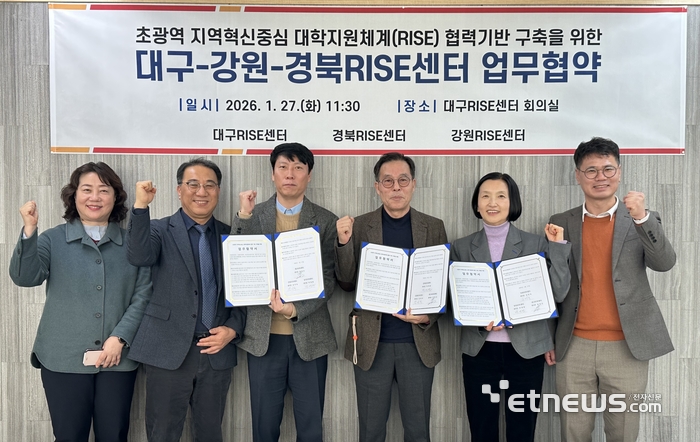 왼쪽부터 대구라이즈사업본부 정희숙 협력관, 최정건 본부장, 경북RISE센터 정무경 팀장, 박대현 센터장, 강원RISE센터 김미숙 센터장, 권혁상 팀장