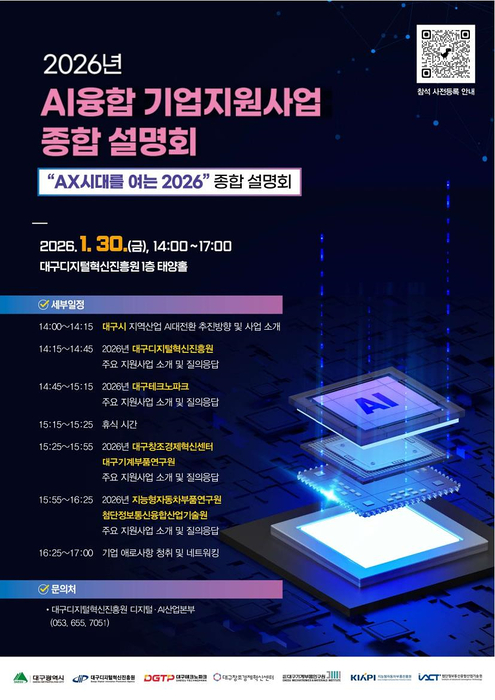 대구시, 30일 AI융합 지원사업 통합설명회 개최…대구TP와 DIP 등 7개 기관 참가.