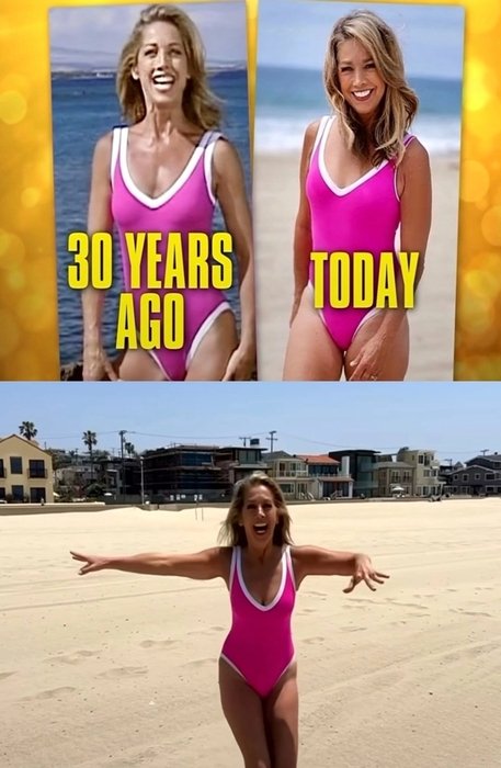 미국의 피트니스 전문가 데니스 오스틴이 2023년 5월 인스타그램 1990년대에 본인이 입었던 분홍색 수영복 모습을 공개했다. 30년 전(윗 사진에서 왼쪽), 현재 모습(윗 사진에서 오른쪽과 아래 사진). 사진=데니스 오스틴 인스타그램 캡처