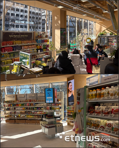 30일 광화문에 문을 여는 올리브베러 1호점 1층(위)과 2층 '잇 웰(Eat Well)' 존 전경