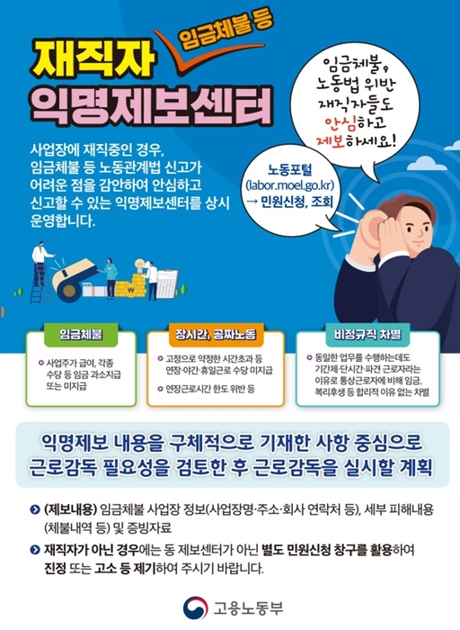 4775명 임금체불 사업장 118곳 '익명제보' 적발…노동부 “48.7억 청산”