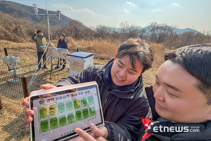 KT와 국립생태원 직원들이 원동습지에 자동기상관측장비를 설치하고 측정 상황과 데이터를 태블릿PC로 원격 모니터링하고 있다.