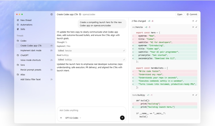 코덱스 앱은 오픈AI의 최신 코딩 모델인 'GPT-5.2-Codex'를 기반으로 작동한다 / OpenAI