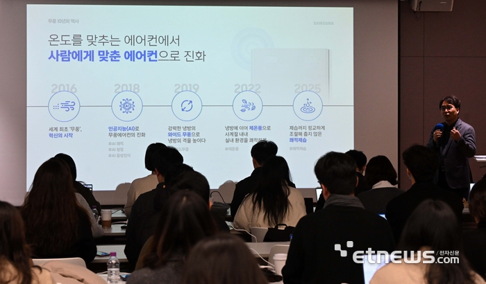 삼성전자가 직바람 없는 '무풍' 기술의 혁신과 노하우를 적용한 인공지능(AI) 기반 신제품 무풍 에어컨을 공개했다. 5일 서울 서초구 삼성전자 R&D캠퍼스에서 열린 2026년형 에어컨 신제품 미디어 브리핑에서 신문선 가전사업부 에어솔루션 개발팀장이 제품 소개를 하고 있다. 김민수기자 mskim@etnews.com
