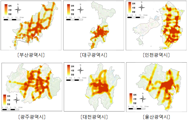 6대 광역시 주요 간선도로 교통 혼잡도 비교. (자료=국토연구원)