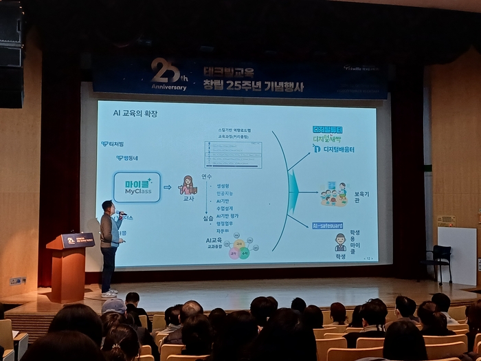 박기현 테크빌교육 에듀테크부문 대표가 지난 5일 개최한 25주년 창립기념식에서 향후 테크빌교육의 AI 교육의 확장 계획에 관해 설명하고 있다. (사진=이지희 기자)