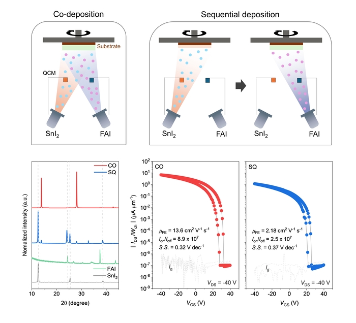 열증착 공정으로 개발한 첨가제 없는 순수 포름아미디늄-주석-요오드(FASnI₃) 기반 페로브스카이트 박막 트랜지스터 이미지.