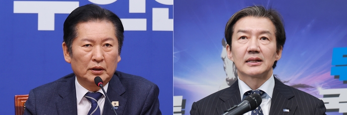 11일 국회에서 열린 최고위원회의에 참석한 민주당 정청래 대표(왼쪽)와 민주당이 제안한 '연대 및 통합을 위한 추진준비위'에 관해 입장을 밝히는 조국혁신당 조국 대표. 연합뉴스