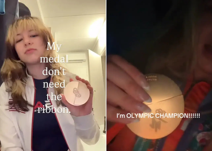 제25회 밀라노 코르티나 동계올림픽 메달리스트가 리본과 분리된 메달을 들고 있다. 사진=알리사 류 인스타그램 · 유타 레이르담 틱톡 캡처