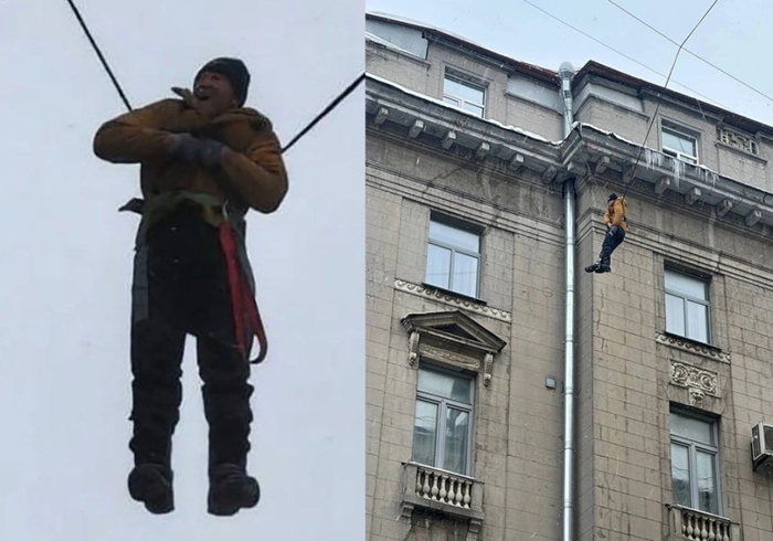 옥상에서 추락했으나 전선에 걸려 기적적으로 생존한 유리창 청소부. 사진=더 선