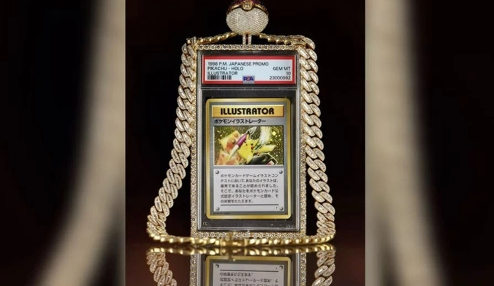 피카츄 일러스트레이터 카드. 미국 유명 인플루언서 겸 프로레슬러 로건 폴이 WWE 레슬매니아 38에서 직접 착용했던 다이아몬드 목걸이와 함께 경매에 출품됐다. 사진=로건 폴 인스타그램