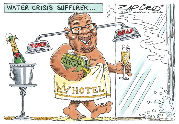 “물이 나오지 않아 호텔을 가기도 했다”고 발언해 논란이 된 남아프리카공화국 요하네스버그 주지사를 풍자한 시사 만화. 사진=엑스(@zapiro) 캡처