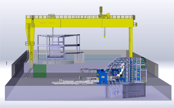 각각 ITER 진공 용기의 3분의 1에 해당하는 1:1 크기 강철 구조물 두 개가 설치돼, 작업자들이 조립 기술을 연습할 수 있다. 한 구조물은 이전 크라이오스타트 작업장(시험·테스트·훈련 시설, 뒤쪽)에 이미 조립돼 있으며, 다른 하나는 현재 건설 중인 건물 확장 구역에 설치될 예정이다. / ITER