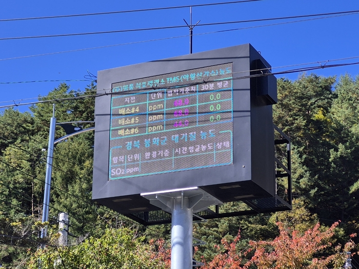 경북 봉화군 석포면 석포면사무소 앞에 설치된 석포제련소 TMS 전광판. 주민들은 이를 통해 주요 굴뚝의 아황산가스 농도를 즉각 확인할 수 있다. 영풍