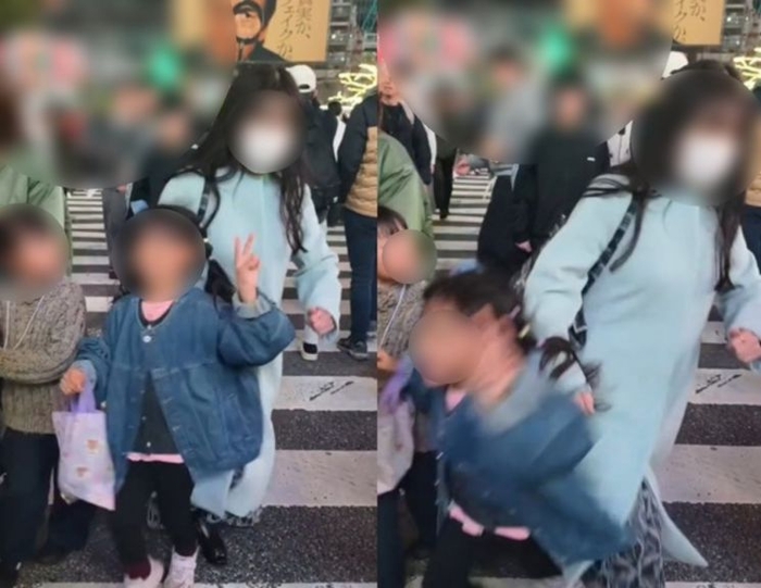 일본 도쿄 시부야 스크램블 교차로에서 한 여성이 보행자들을 잇달아 밀치고 지나가는 모습이 담긴 영상이 퍼지며 논란이 커지고 있다. 사진=SNS 갈무리