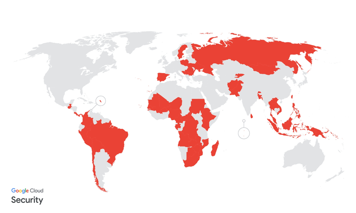 UNC2814 피해가 의심되거나 확인된 국가(사진:구글)