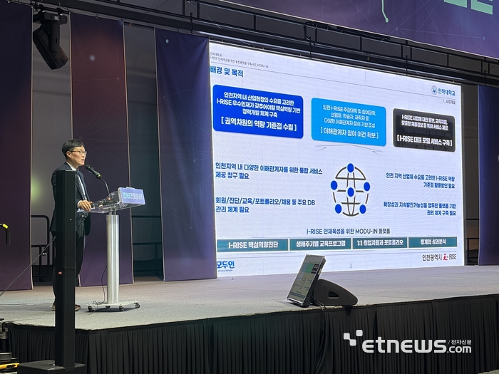 송유준 다인리더스 상무가 성과공유회에서 'MODU-IN(모두인)'을 소개하고 있다.