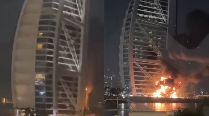 두바이의 부르즈 알아랍 호텔에 불이 난 모습.  사진=X 캡처