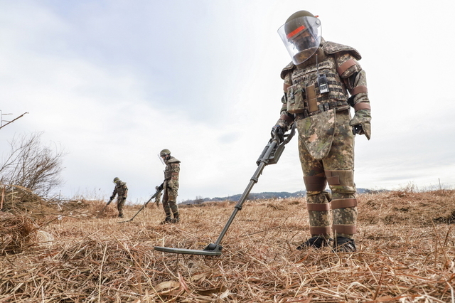 장병들이 지뢰탐지기로 지뢰를 탐지하고 있는 모습 / 합참