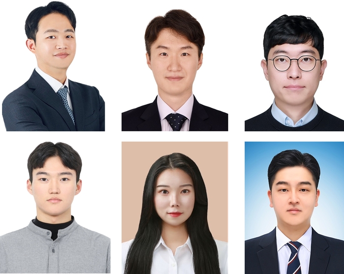 가천대 화공생명배터리공학부 이동수 교수, 박찬호 교수, 최정현 교수 (사진 위 좌측부터), 이찬호 석사과정생, 남유리 석사(가천대), 한국지질자원연구원 정인철 선임 연구원 (사진 아래 좌측부터)