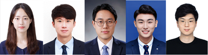 (왼쪽부터) 한양대학교 에너지공학과 이다슬 박사, 한양대학교 에너지공학과 김영훈 교수, 한양대학교 화학공학과 염봉준 교수, 한국과학기술연구원 반도체기술연구단 황인국 박사, 한국과학기술연구원 반도체기술연구단 백승헌 박사(사진=한양대)