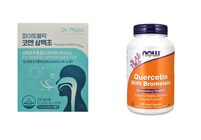 닥터파이토 파이토블락 코엔삼백초(사진좌측), 테나우푸드 퀘르세틴 위드 브로멜라인. 〈자료 커넥트웨이브〉