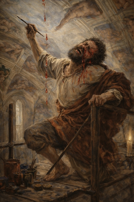 미켈란젤로가 '천지창조'를 그리는 가상의 연출 장면 (생성형 AI 이미지) / KAIST