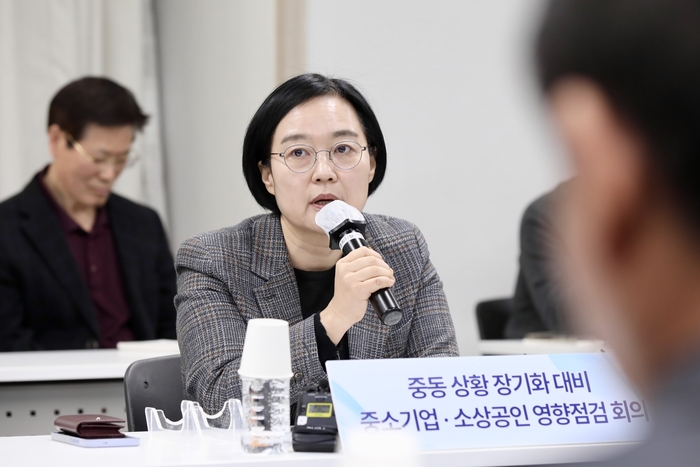 한성숙 중소벤처기업부 장관이 13일 서울 영등포구 중소기업중앙회에서 열린 '중동 상황 장기화 대비 중소기업·소상고인 영향점검 회의'에서 모두 발언을 하고 있다.