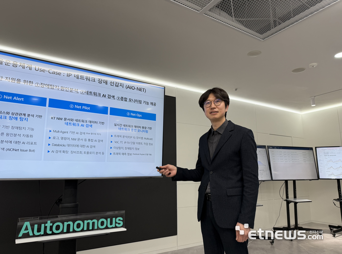 곽민제 KT 네트워크부문 네트워크운용혁신 담당이 AIONet 플랫폼에 대해 설명하고 있다.