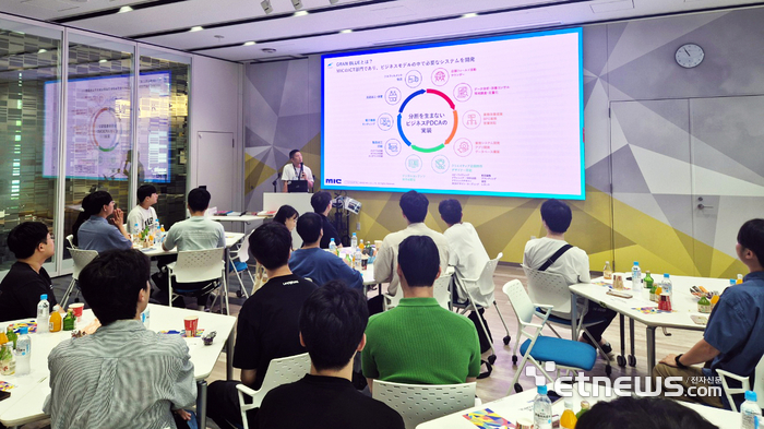 영진전문대학 컴퓨터정보계열 학생들이 일본 MIC를 방문해 설명을 듣고 있다.