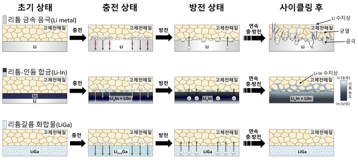 리튬 금속, 리튬-인듐 및 리튬-갈륨 화합물 음극 소재의 충·방전 과정에 따른 계면 거동 및 수지상 성장 비교 모식도
