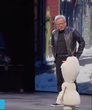 젠슨 황 엔비디아 최고경영자가 17일 미국 캘리포니아주 산호세에서 열린 GTC2026 행사에서 디즈니 캐릭터 '올라프' 로봇과 대화하고 있다.