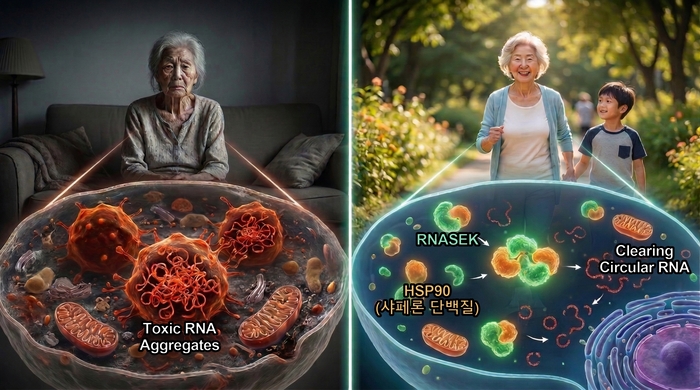 AI생성 이미지로 설명한 연구 개요. KAIST 연귄은 RNASEK 단백질에 따라 장수 유도가 가능함을 발견했다.