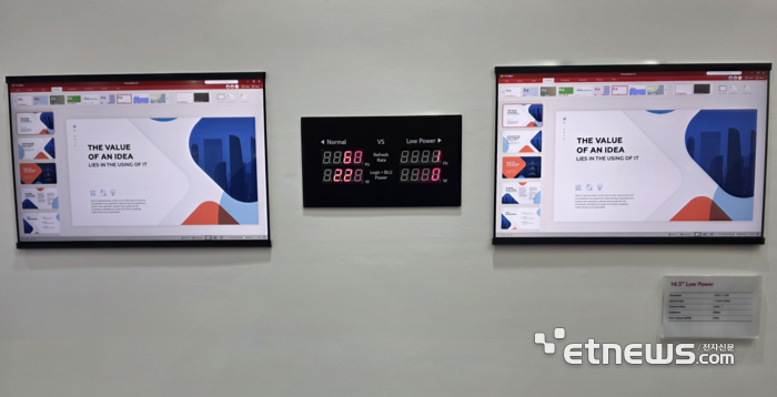LG디스플레이가 지난해 8월 부산 벡스코에서 열린 'IMID 2025'에서 1㎐부터 120㎐까지 주사율이 자동 변환되는 LCD 패널(오른쪽)을 선보였다. (사진= 김영호 기자)
