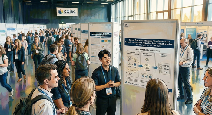 제이앤피메디의 신약 허가 규제 접근성 연구 논문이 임상시험 분야 표준 개발기구 CDISC가 주최하는 '2026 CDISC 유럽연합(EU) 인터체인지' 공식 포스터 세션에 선정됐다. 생성형 AI 사용 이미지.(출처=제이앤피메디)