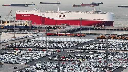 중국 장쑤성 타이창의 수출용 BYD 전기차들. 사진=연합뉴스