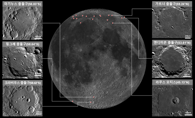 위도 40~70도 범위 내 달 착륙지 후보 지역 / 우주항공청