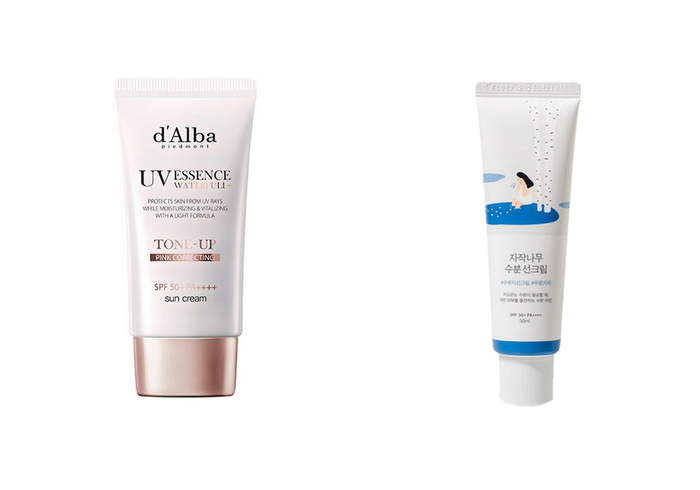 달바 워터풀 핑크 톤업 선크림(사진좌측), 라운드랩 자작나무 수분 선크림. 〈자료 에누리 가격비교〉