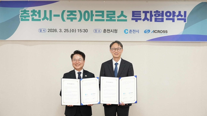 육동한 춘천시장과 김재윤 아크로스 대표.(왼쪽부터)